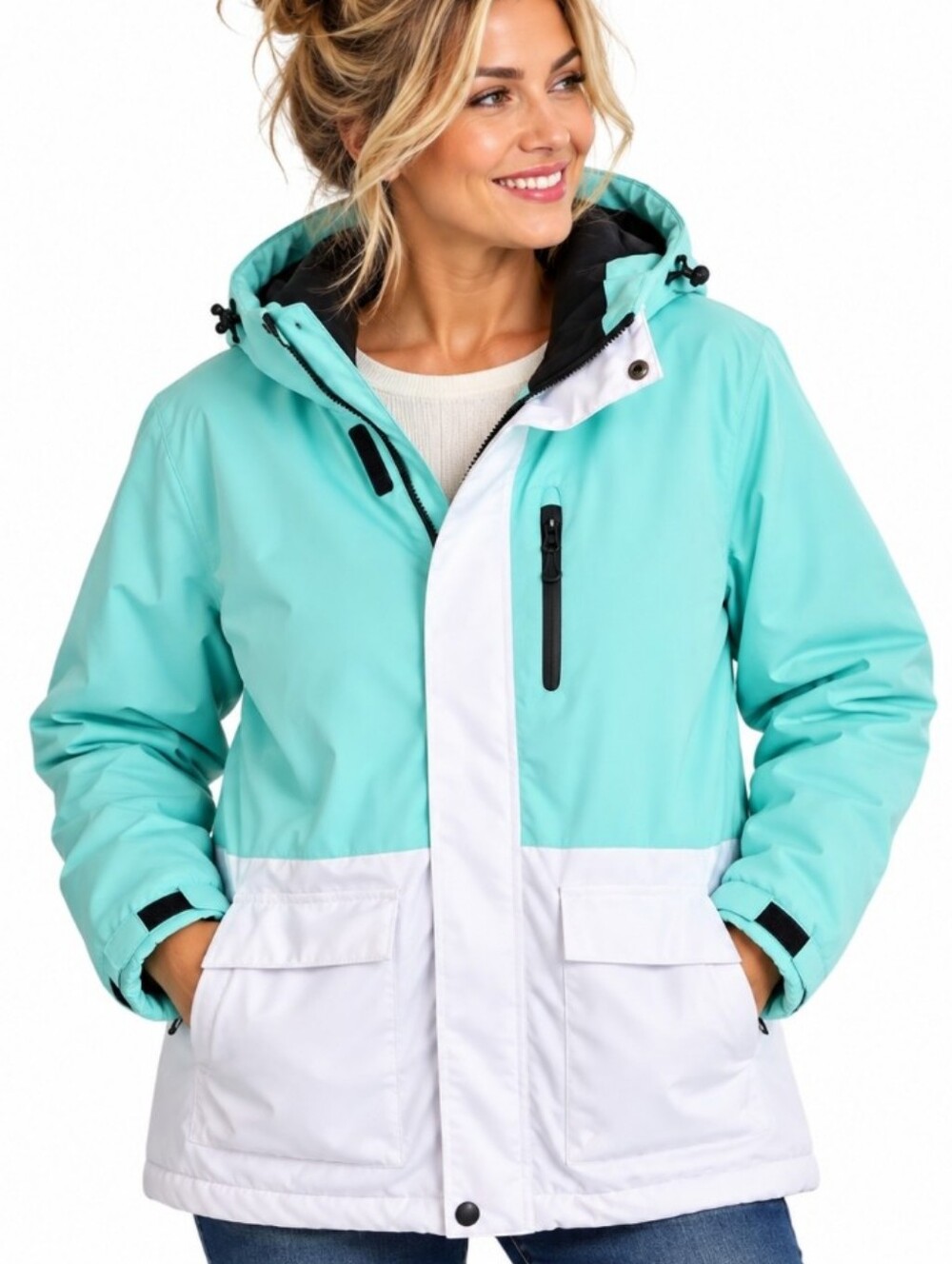 Yeefine Women’s XXL Mint Green White Color-Block Ski Ski Jacket